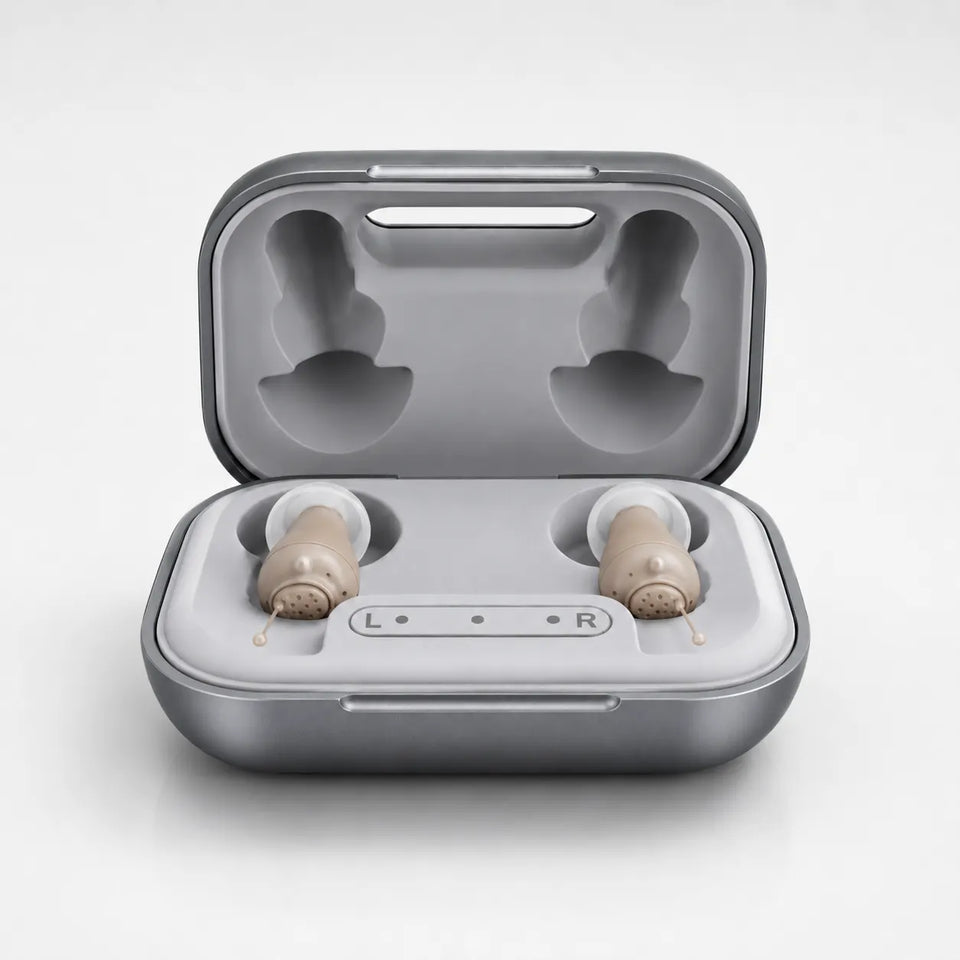 WiseHear Clarity Pro rechargeable hearing aids in their charging case