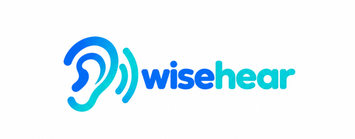 WiseHear logo with ear icon and blue to turquoise wordmark