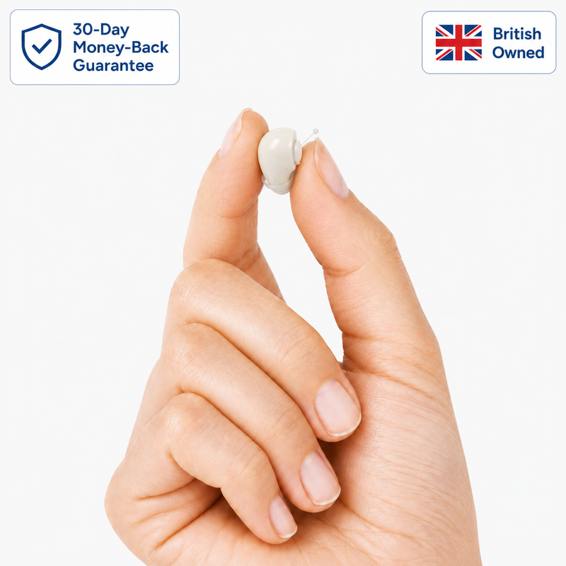 WiseHear hearing aid held between fingertips with 30-day guarantee and British owned badges