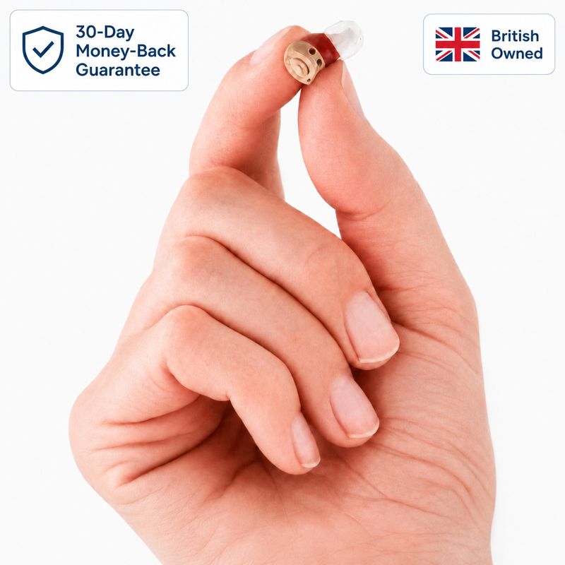 WiseHear CIC hearing device held between fingertips with 30-day guarantee and British owned badges