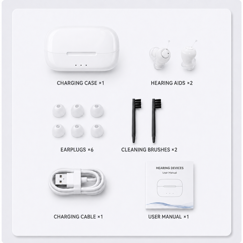 WiseHear hearing aid box contents